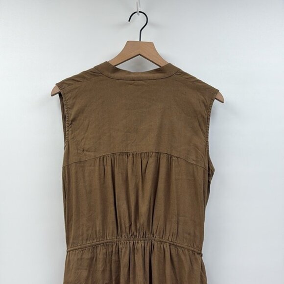 Vince Linen Blend Shirred Sleeveless A-Line Midi Dress Minimalist Brown Medium - Picture 6 of 9